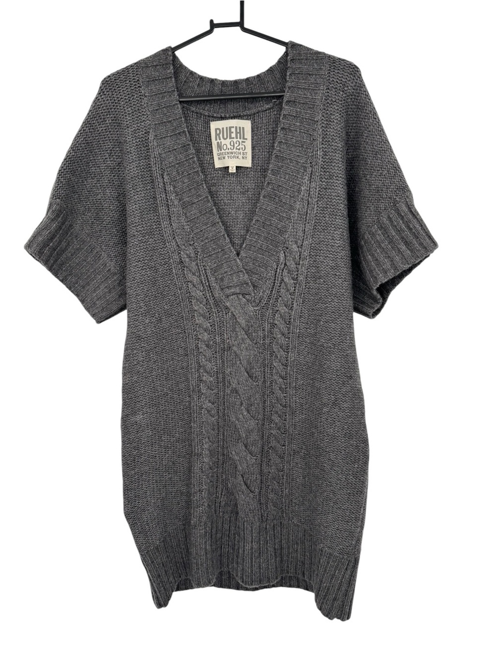 Ruehl No. 925 Wool Alpaca Cable Knit Sweater Dress Tunic Gray Wrap V-Neck M